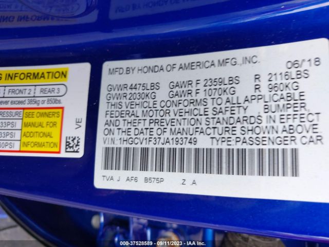 1HGCV1F37JA193749 Honda Accord Sedan Sport 1.5t