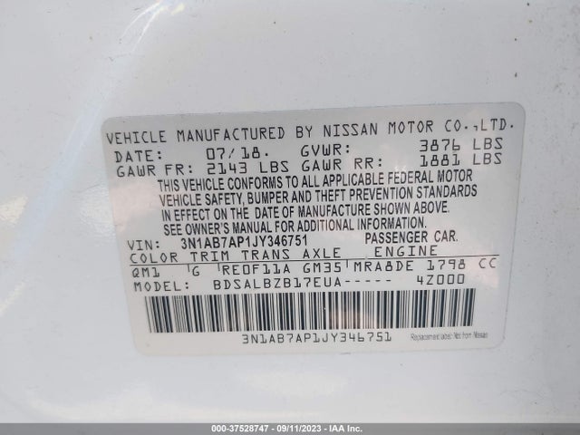2018 NISSAN SENTRA S VIN: 3N1AB7AP1JY346751