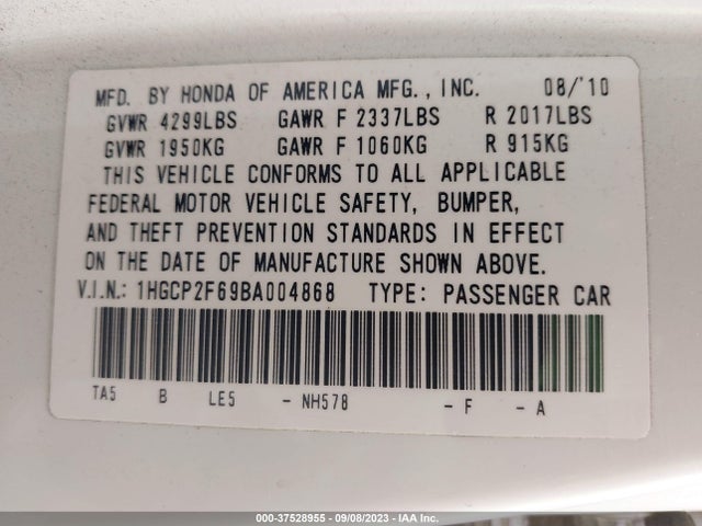 2011 HONDA ACCORD SDN SE VIN: 1HGCP2F69BA004868