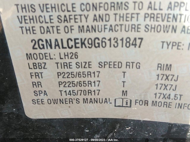 2016 CHEVROLET EQUINOX LT VIN: 2GNALCEK9G6131847