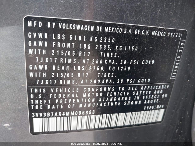 3VV3B7AX4MM006898 Volkswagen Tiguan Se/se R-line Black/sel