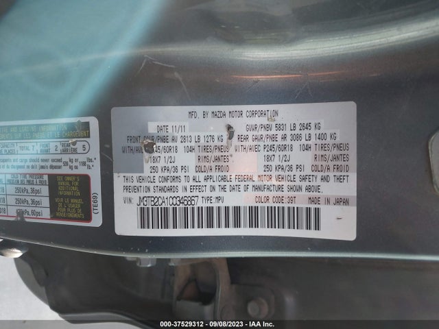 2012 MAZDA CX-9 TOURING VIN: JM3TB2CA1C0346867