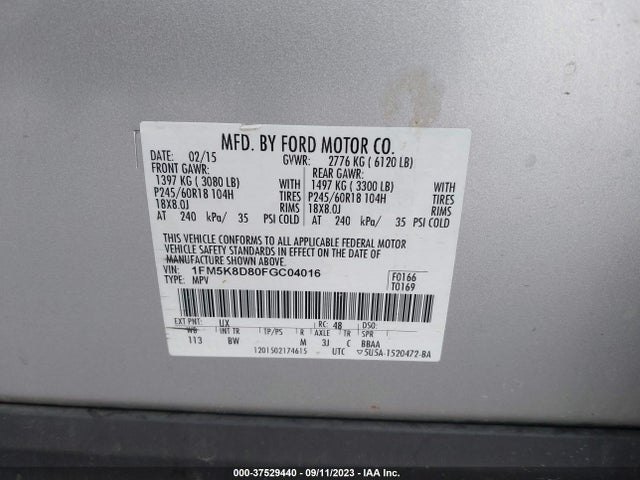 Ford EXPLORER XLT 2015 1FM5K8D80FGC04016 Image 9