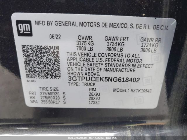 3GTPUCEK5NG618402 GMC Sierra 1500 Elevation