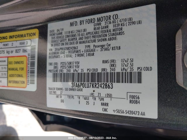 2019 FORD FUSION HYBRID SE VIN: 3FA6P0LU7KR242863