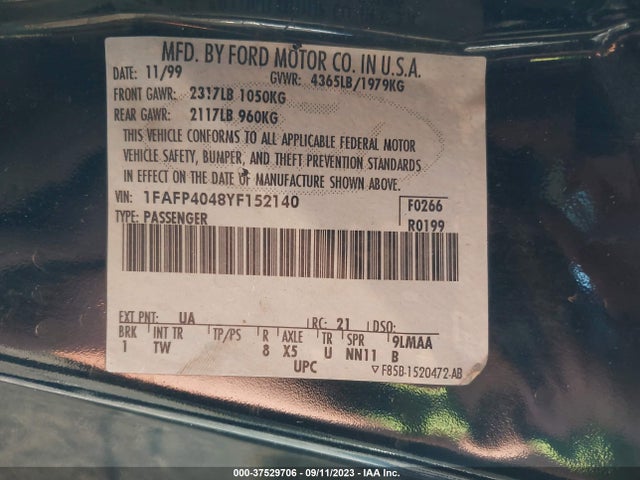 2000 FORD MUSTANG VIN: 1FAFP4048YF152140