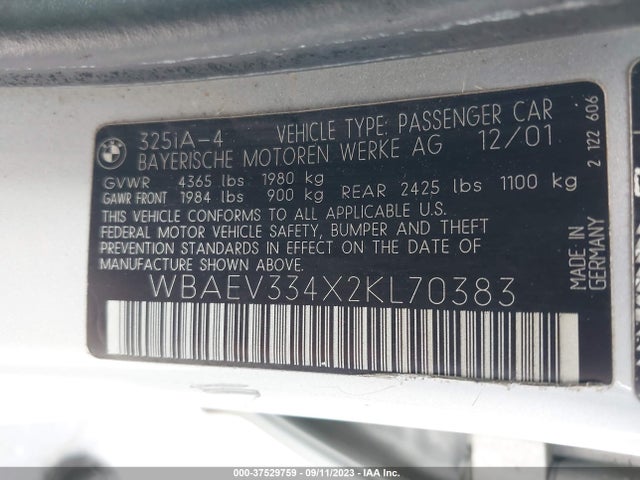 2002 BMW 3 SERIES 325I VIN: WBAEV334X2KL70383