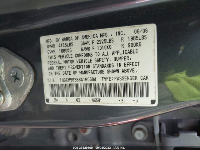2006 HONDA ACCORD SDN LX SE VIN: 1HGCM56386A160504