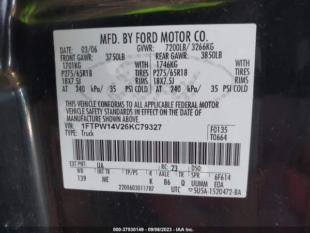 2006 FORD F-150 XLT/FX4/LARIAT/KING RANCH VIN: 1FTPW14V26KC79327