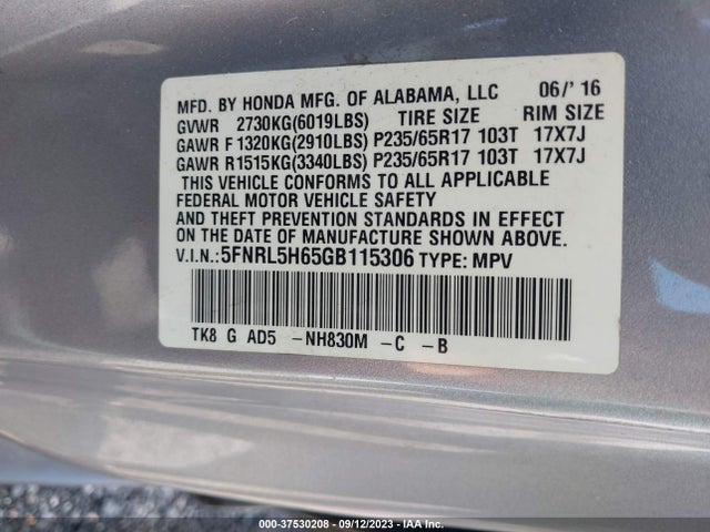 Honda Odyssey Ex-l 2016 5FNRL5H65GB115306 Image 9