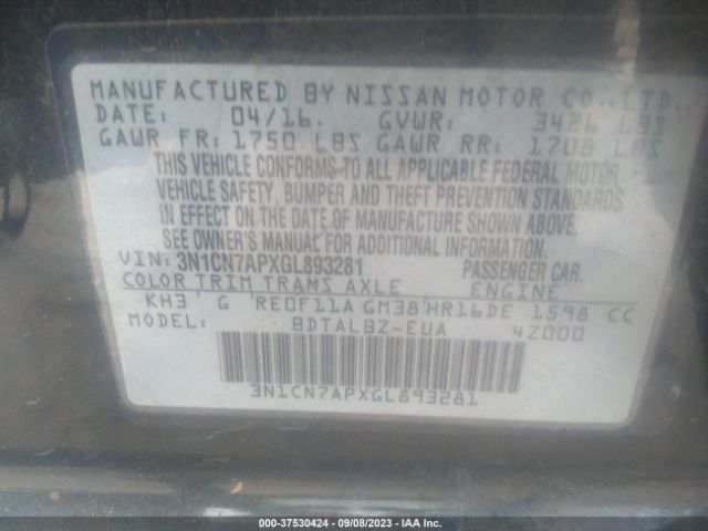 3N1CN7APXGL893281 Nissan VERSA SV