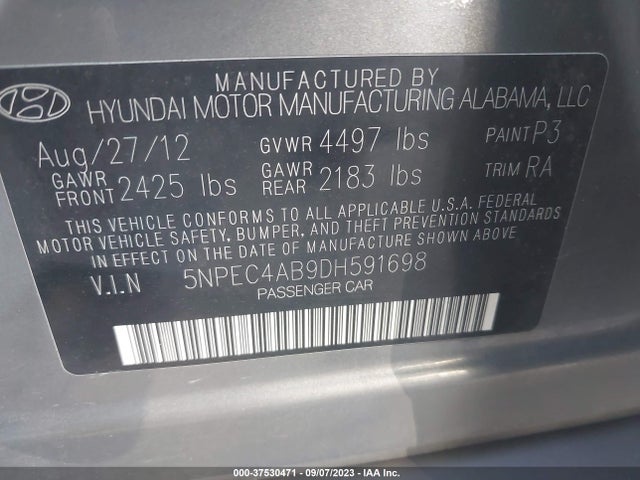2013 HYUNDAI SONATA LIMITED VIN: 5NPEC4AB9DH591698
