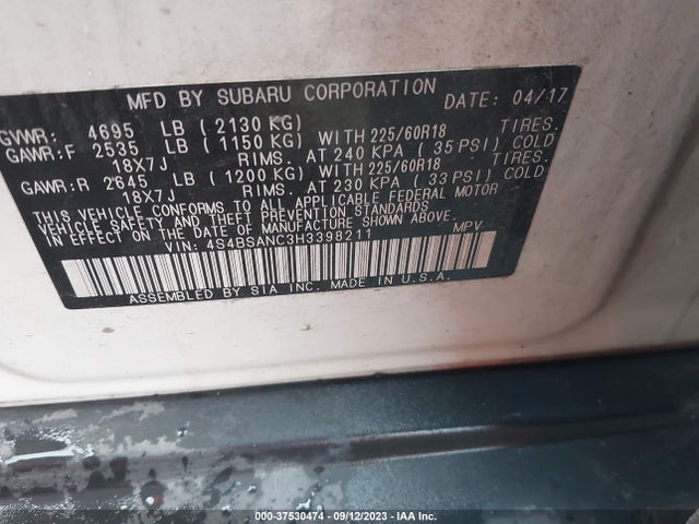 2017 SUBARU OUTBACK 2.5I LIMITED VIN: 4S4BSANC3H3398211