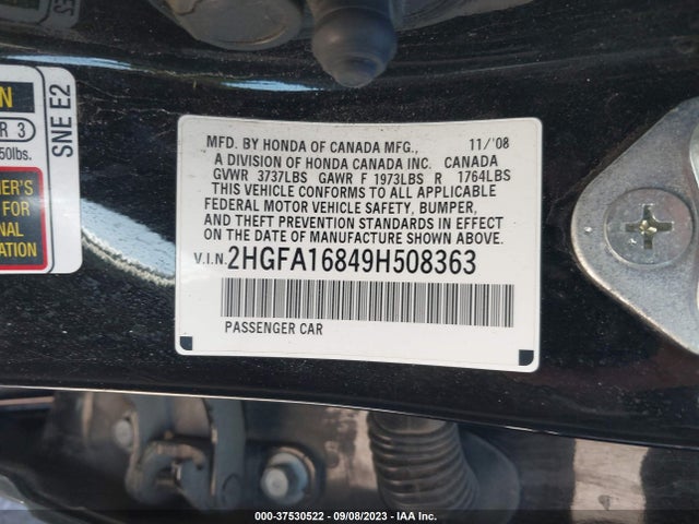 2009 HONDA CIVIC EX VIN: 2HGFA16849H508363