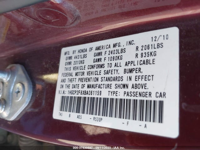 2011 HONDA ACCORD SDN EX-L VIN: 1HGCP2F8XBA061159