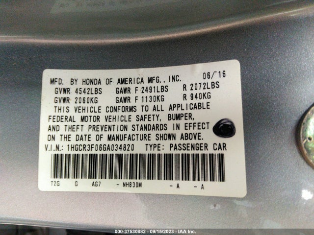 2016 HONDA ACCORD SEDAN EX-L VIN: 1HGCR3F06GA034820