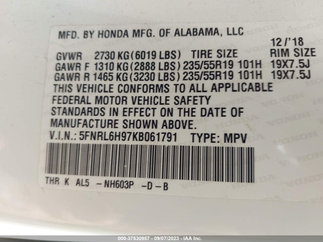 Honda Odyssey Elite 2019 5FNRL6H97KB061791 Image 9