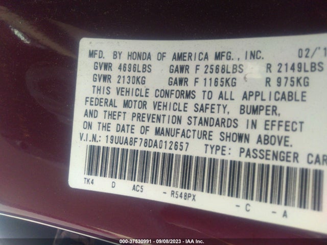 2013 ACURA TL ADVANCE VIN: 19UUA8F78DA012657