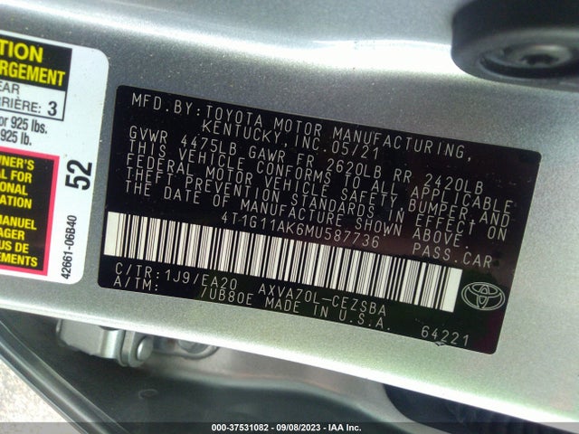 Toyota CAMRY SE 2021 4T1G11AK6MU587736 Image 9