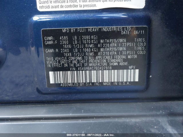 2011 SUBARU OUTBACK 2.5I VIN: 4S4BRBAC7B3427918