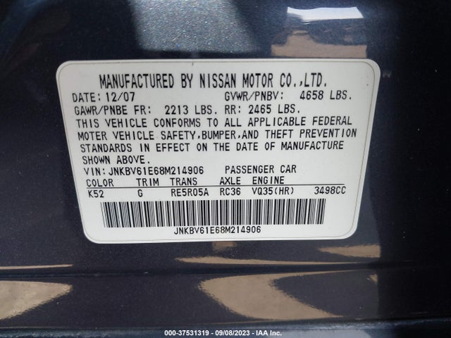 2008 INFINITI G35 SEDAN JOURNEY VIN: JNKBV61E68M214906