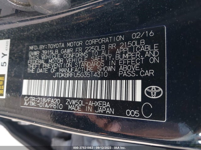 Toyota Prius Two 2016 JTDKBRFU5G3514310 Image 15