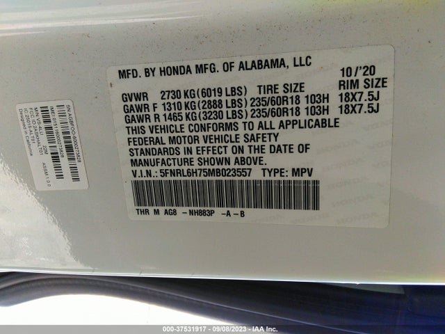 Honda Odyssey Ex-l 2021 5FNRL6H75MB023557 Image 9