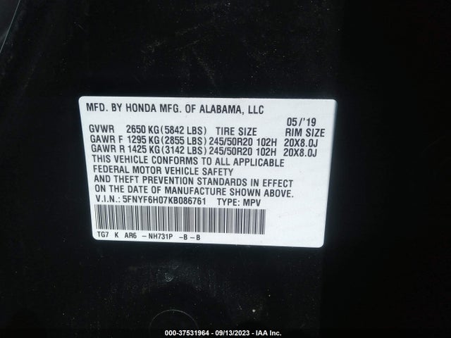 Honda Pilot Elite 2019 5FNYF6H07KB086761 Image 9