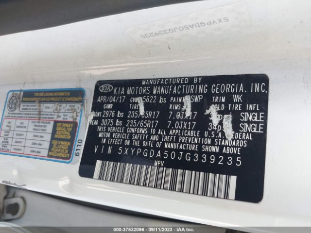 5XYPGDA50JG339235 KIA Sorento Lx V6