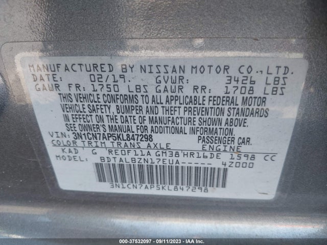 Nissan Versa Sedan Sv 2019 3N1CN7AP5KL847298 Image 9