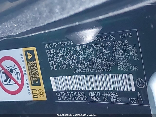 JTHKD5BH3F2220922 Lexus Ct 200h Hybrid