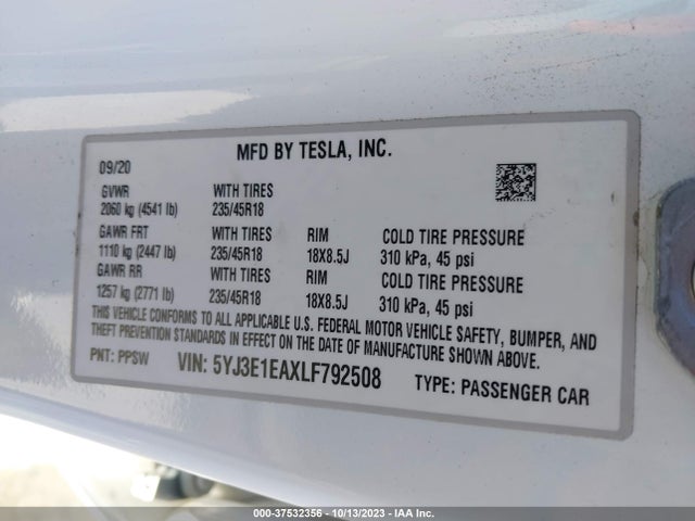 Tesla Model 3 Standard Range 2020 5YJ3E1EAXLF792508 Image 9
