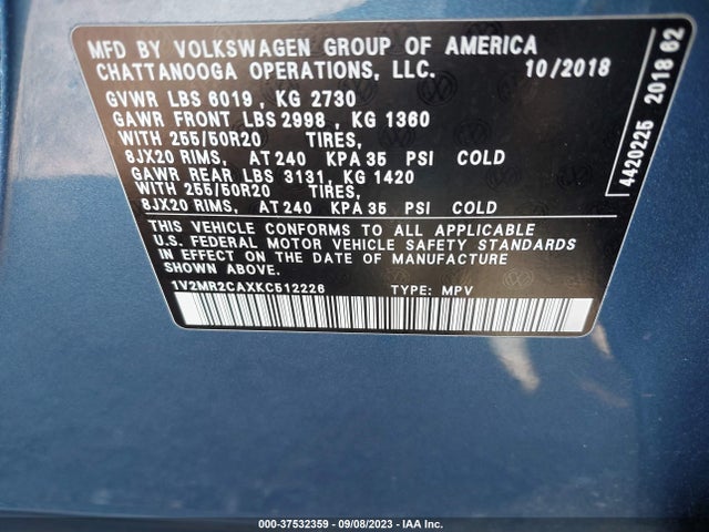 1V2MR2CAXKC512226 Volkswagen Atlas 3.6l V6 Sel