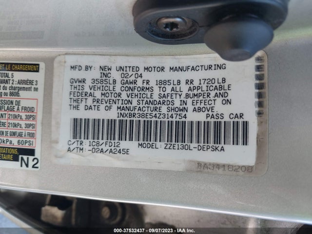 Продаж на аукціоні авто 2004 Toyota Corolla Ce/s/le, vin: 1NXBR38E54Z314754, номер лоту: 37532437