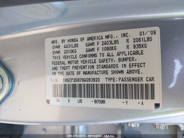 2009 HONDA ACCORD SDN EX-L VIN: 1HGCP26879A093920