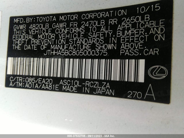 2016 Lexus RC, VIN: JTHHA5BC8G5000375