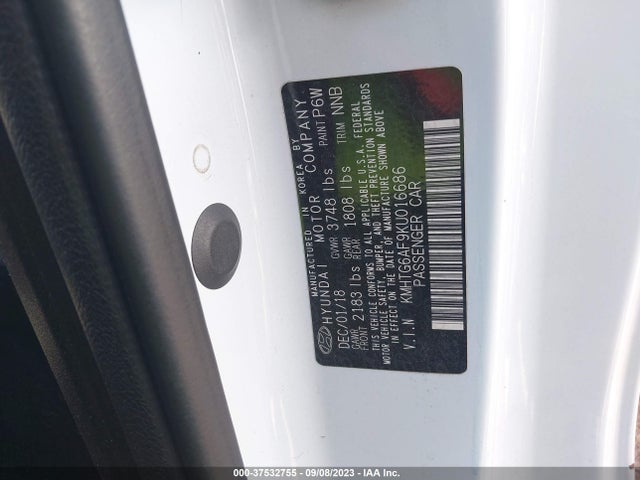 2019 HYUNDAI VELOSTER 2.0 VIN: KMHTG6AF9KU016686