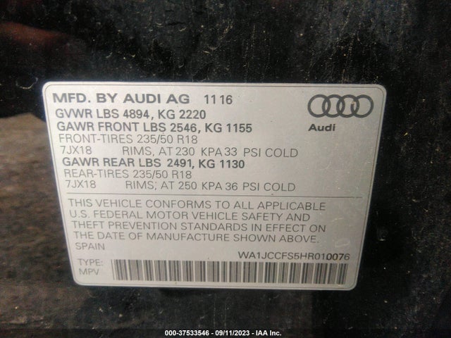 2017 AUDI Q3 PREMIUM PLUS VIN: WA1JCCFS5HR010076