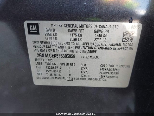 Chevrolet EQUINOX LT 2015 2GNALCEK5F6305959 Image 9