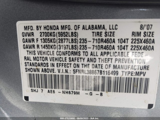 2007 HONDA ODYSSEY TOURING VIN: 5FNRL38867B116499