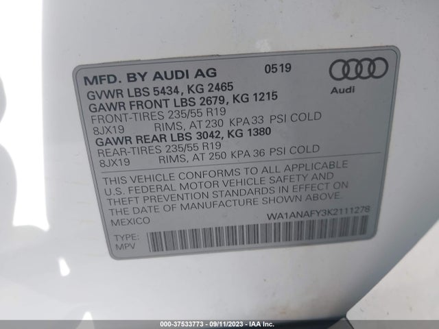 2019 AUDI Q5 PREMIUM VIN: WA1ANAFY3K2111278