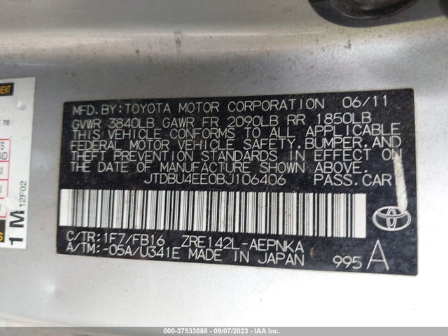2011 TOYOTA COROLLA L/LE/S VIN: JTDBU4EE0BJ106406