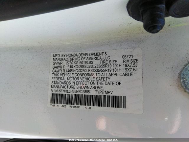 5FNRL6H85NB028851 Honda Odyssey Touring