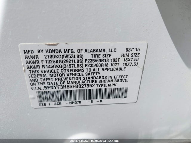 Honda Pilot Ex-l 2015 5FNYF3H55FB027952 Image 9