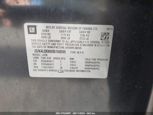 2013 CHEVROLET EQUINOX 1LT VIN: 2GNALDEK8D6160595