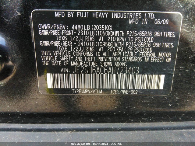2010 SUBARU FORESTER 2.5X VIN: JF2SH6AC6AH723403