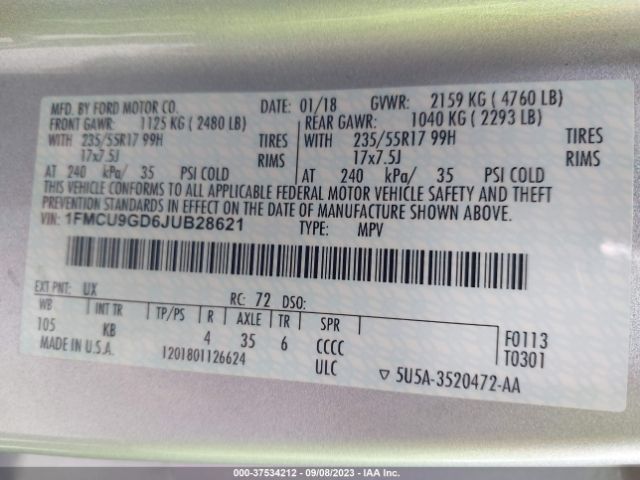 1FMCU9GD6JUB28621 Ford ESCAPE SE