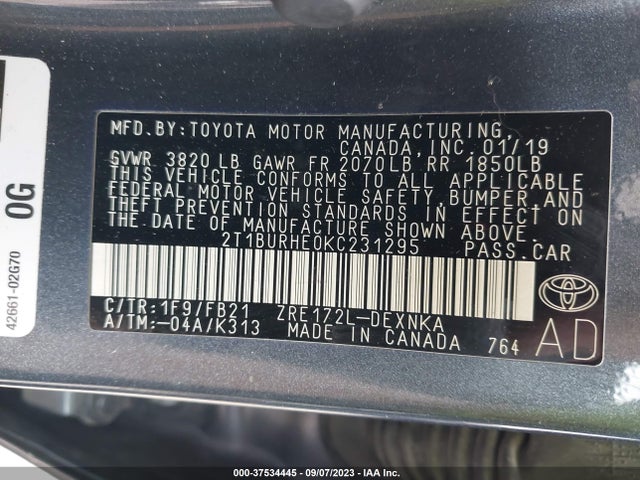 2019 TOYOTA COROLLA L/LE/SE/XLE/XSE VIN: 2T1BURHE0KC231295
