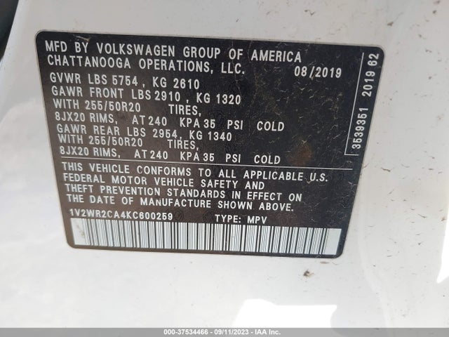 1V2WR2CA4KC600259 Volkswagen Atlas 3.6l V6 Se W/technology