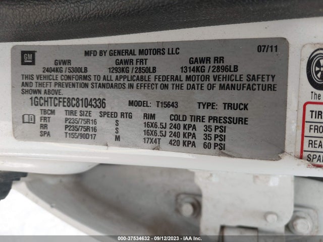 2012 CHEVROLET COLORADO 1LT VIN: 1GCHTCFE8C8104336